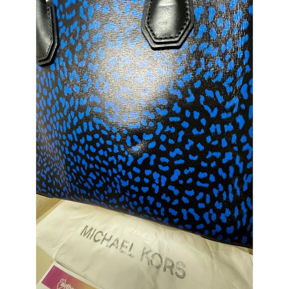 NWT Michael Kors Black Electric Blue Leopard Saffiano Mercer Large Tote - Picture 7 of 16